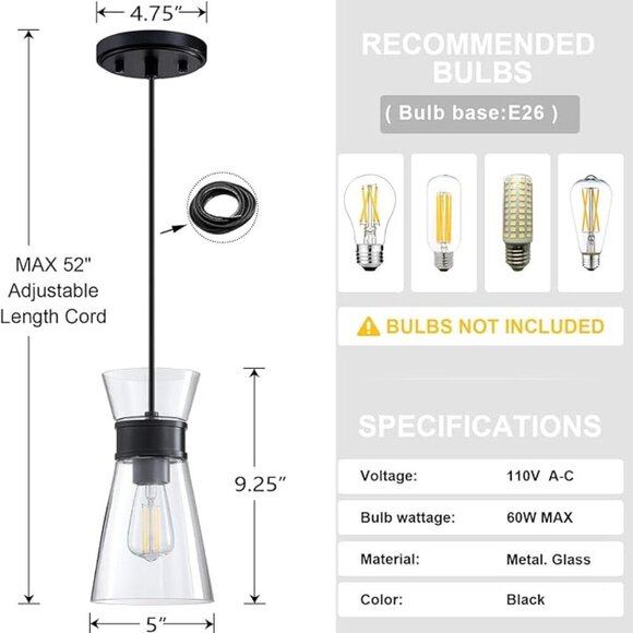 3 Pack 1 Light Modern Cylindrical Pendant with Clear Glass Black Finish *NEW* - Picture 3 of 7